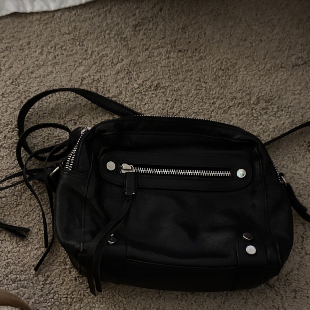 Still Nordic Black Leather Crossbody Bag with Silver Hardware